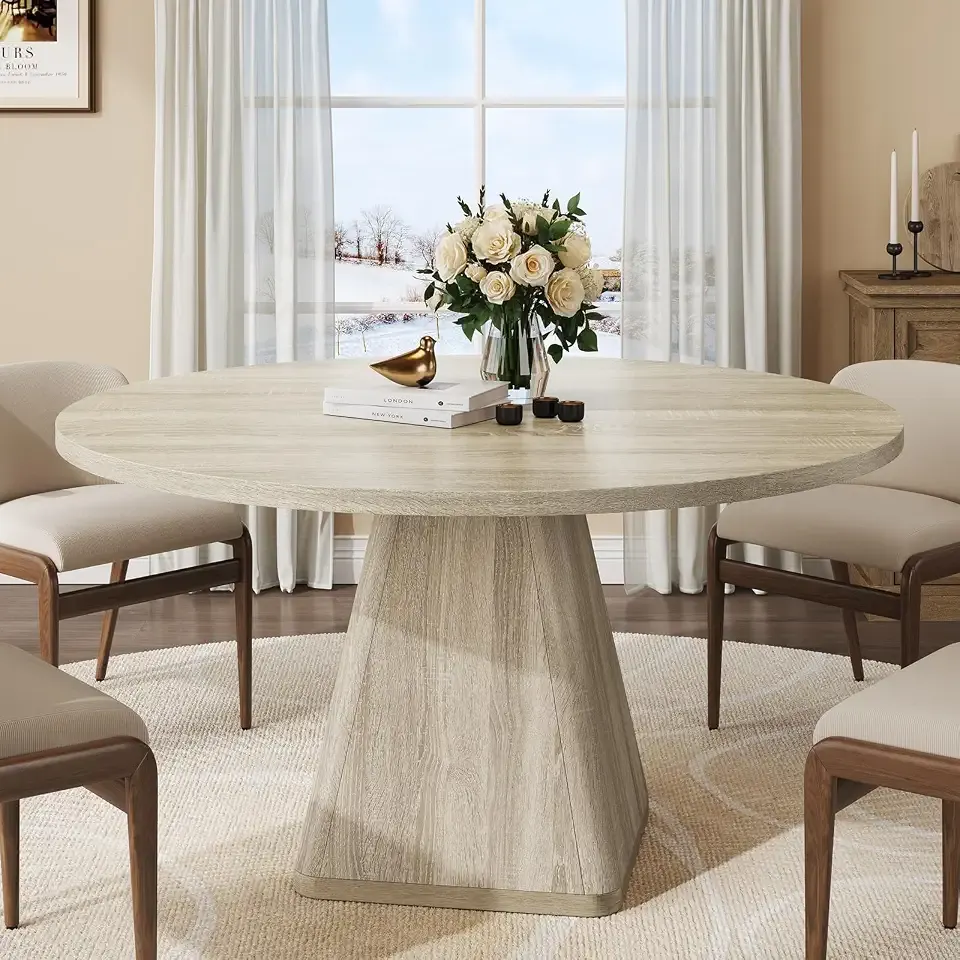 ONBRILL 47 Inch Round Dining Table for 4-6,Square Pedestal Base,Oak | Circle Kitchen Table with Thickened Tabletop, Modern Dining Room Tables, Dinner Tables for Kitchen Small Space (Table Only)