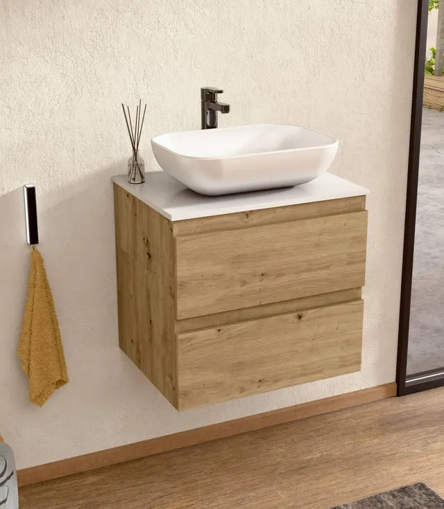 BELLOBATH - Mueble de baño suspendido con lavabo de cerámica, Mueble con 2 Cajones, 60 x 55 x 46 cm, Mueble roble y tapa blanca