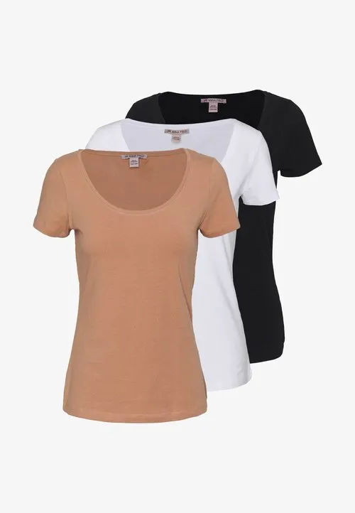 3 PACK - T-shirts - white/camel/black