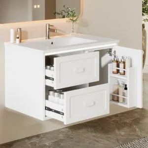 Armario suspendido de baño de 76 x 46 x 51 cm, iluminación LED con sensor de movimiento, dos cajones con guías silenciosas y lavabo integrado blanco