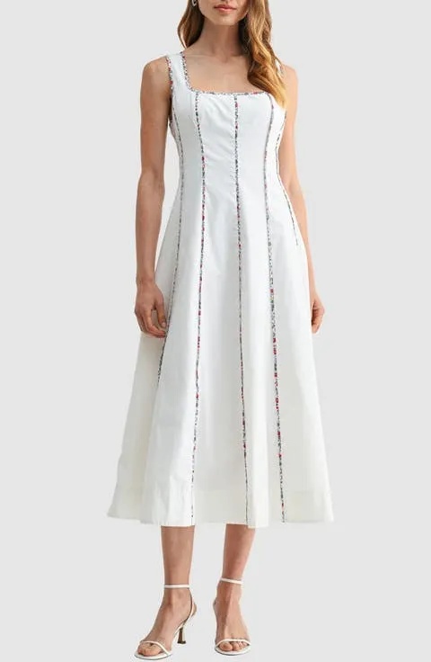 Floral Piping Sleeveless Fit & Flare Midi Dress
