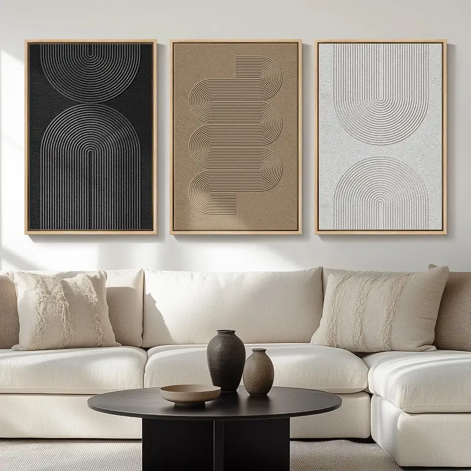 Large Framed Boho Black White Abstract Wall Art for Living Room, 24x36 In | Set of 3 Neutral Canvas Prints, Modern Minimalist Artwork, Geometric Pictures, Office Bedroom Hallway Paintings Wall Decor