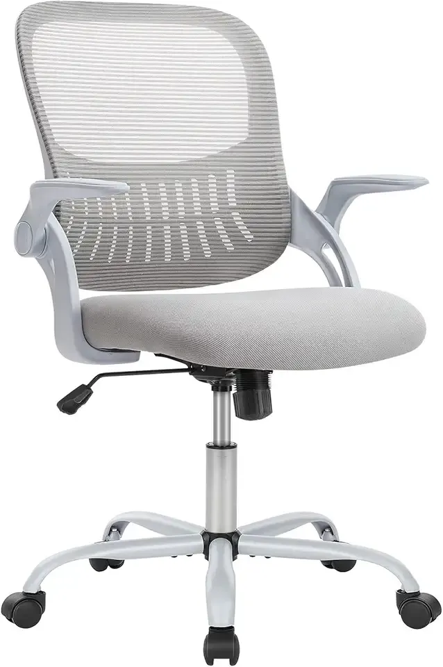 Office Computer Desk Chair, Ergonomic Mid-Back Mesh Rolling Work Swivel Task Chairs with Wheels, Comfortable Lumbar Support, Comfy Flip-up Arms for Home, Bedroom, Gaming, Study, Student, Grey