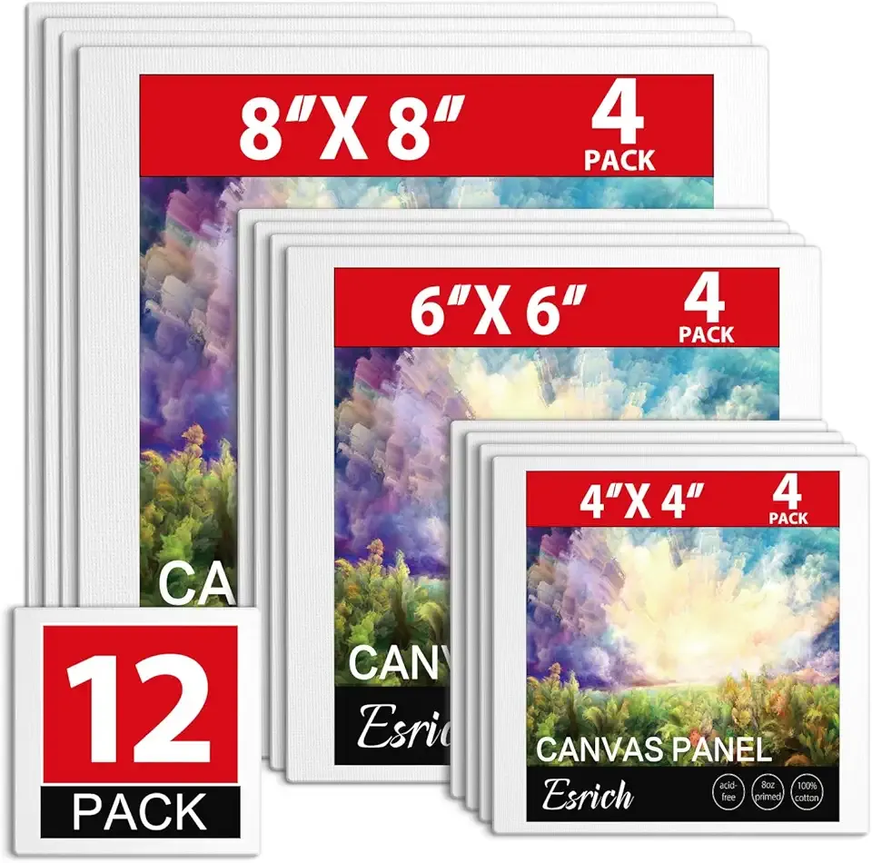 ESRICH Canvas Boards for Painting 12 Pack Canvas for Painting 4x4, 6x6, 8x8 Blank Canvases for Painting-Cotton Primed Painting Canvas Panels for Acrylic, Oil, Gouache & Tempera.