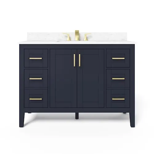 Ellia 48-inch W x 20-inch D 2-Door & 6-Drawer Navy Wood Bathroom Vanity Single Undermount Sink with White Engineered Carrera Stone Top