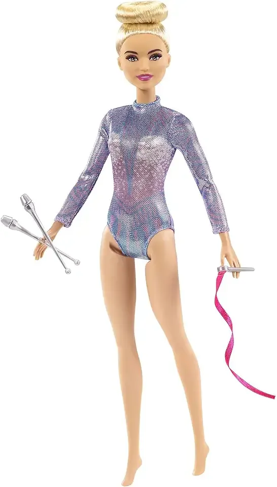Rhythmic Gymnast Blonde Doll (12-in/30.40-cm) with Colorful Metallic Leotard, 2 Clubs & Ribbon Accessory, Great Gift for Ages 3 Years Old & Up