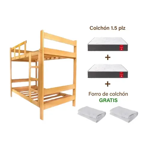 Combo: Camarote de Pino Natural de 1.5 plz + 2 Colchones