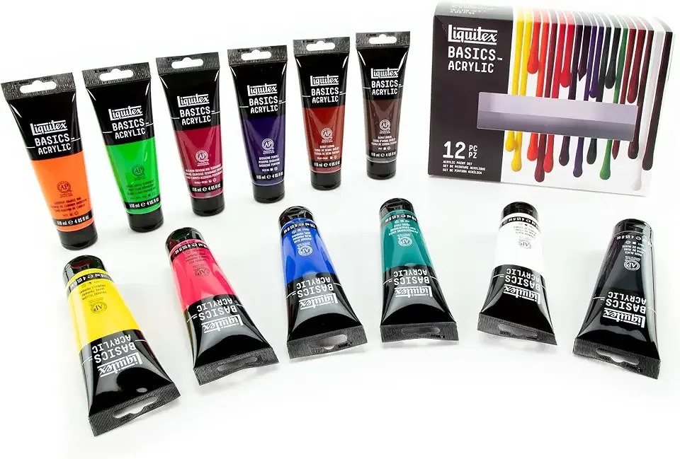 Liquitex BASICS Acrylic Paint Set, 12 x 118ml (4-oz) Tube Paint Set | Medium Viscosity, Satin Finish, Lightfast, Fine Art Pigments, Range of Opacities, Easy Blending