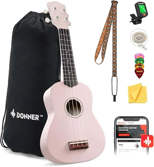 Donner Soprano Ukulele for Beginner 21 Inch Matte Ukulele Beginner Kit with Bag Strap Tuner Strings Picks Cloth, Free Online Lessons, Kids Holiday Christmas…