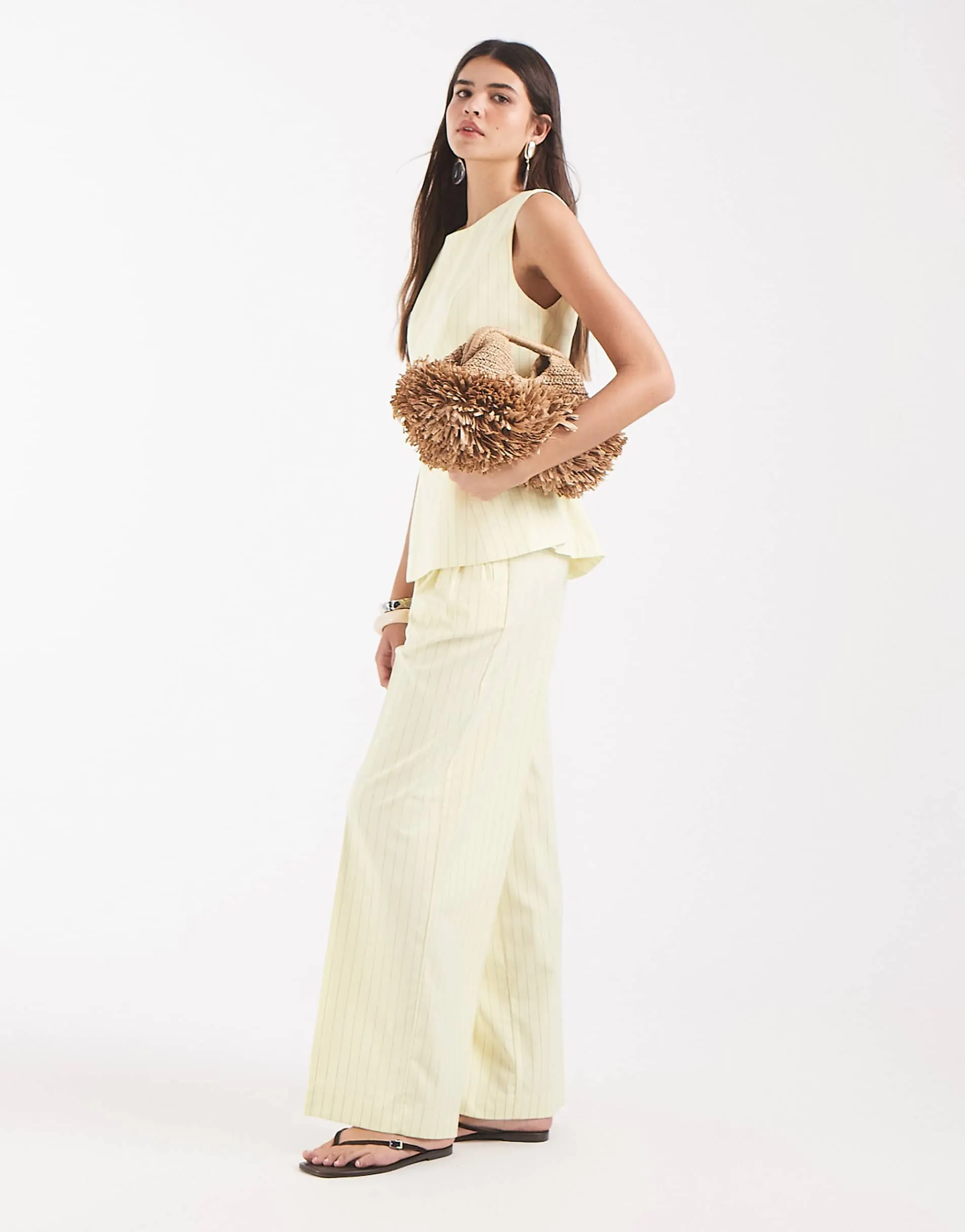 Object wide leg pleat front trouser co-ord in yellow and white stripes