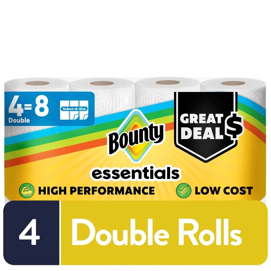 Bounty Essentials Select-A-Size Paper Towels, 4 Double Rolls, White, 108 Sheets Per Roll