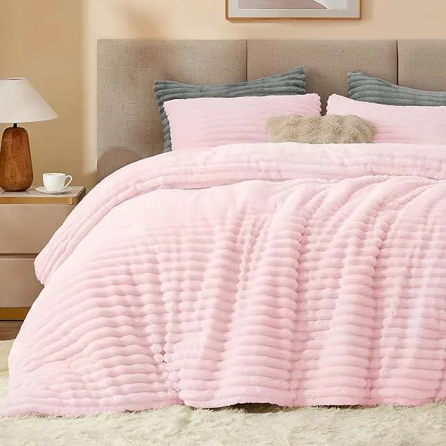BEDELITE Fleece Queen Comforter Set, Fluffy Bed Set, Cherry Blossom | Super Soft & Warm Bedding, Luxury Fuzzy Faux Fur Comforter for Winter, Heavy Plush Bedding, with 2 Pillowcases