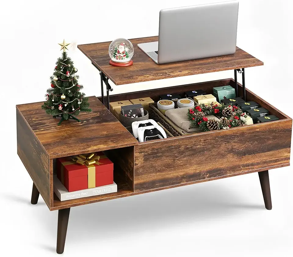 WLIVE Coffee Table for Living Room, Lift Top Coffee Table with Storage, Small Rising Wooden Dining Center Table with Storage Shelf & Hidden Compartment, 39" Rustic Brown