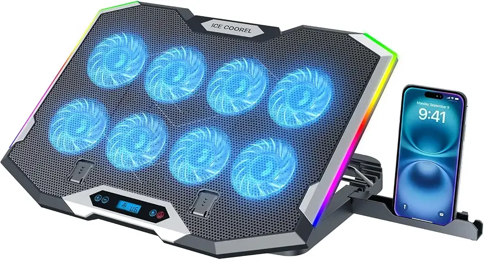Gaming Laptop Cooling Pad with 8 Cooling Fans, Laptop Fan Cooler Pad for 15-17.3 Inch, Notebook Cooler Stand with 6 Height Adjustable, RGB Cooling Pad with Two USB Port + Phone Stand