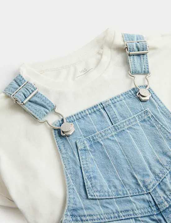 2-teiliges Outfit aus gestreifter Denim-Latzhose und Oberteil (0–3 Jahre)