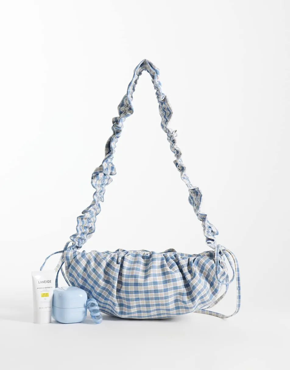 ASOS DESIGN nylon ruched adjustable crossbody shoulder bag in blue check