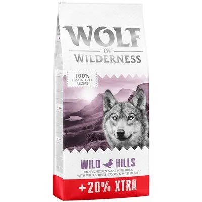 Croquettes Wolf of Wilderness pour chien : 12 kg + 2,4 kg offertes ! Adult Wild Hills, canard