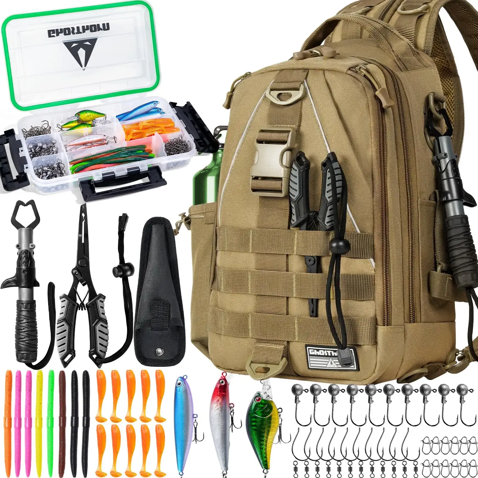 Ghosthorn Fishing Tackle Backpack with Tackle Boxes Rod Holder Fishing Bag | Waterproof Fishing Tackle Bag with Lip Gripper, Pliers, Lures and Tackle Accessories Fishing Kit Gifts for Anglers Sling