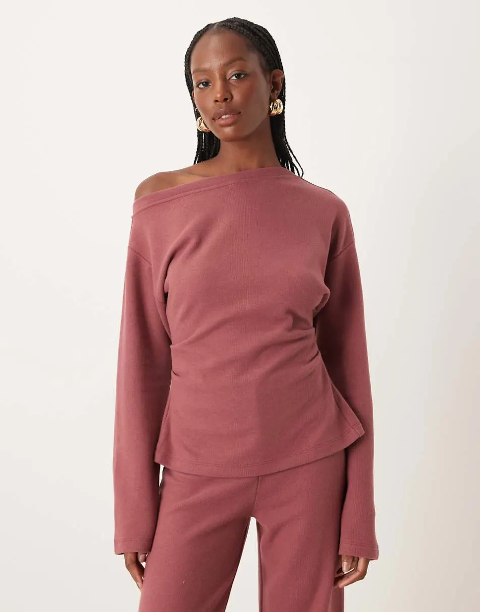 ASOS DESIGN Supersoft corset waist off shoulder tee in dark rose