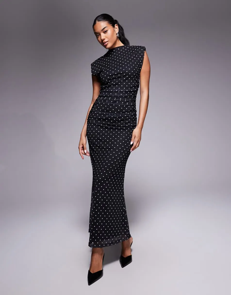 ASOS DESIGN high neck detail maxi dress with shoulder pads in polka dot