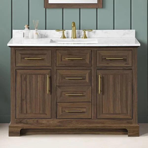 Home Decorators Collection Doveton 48 in. Single Sink Freestanding Dark Walnut Bath Vanity with White Engineered Marble Top (Assembled)