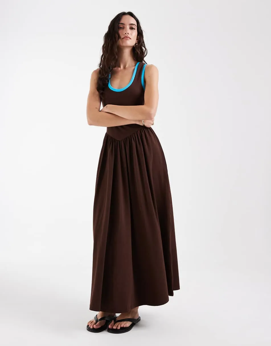 ASOS DESIGN contrast trim midi dress in choc and teal