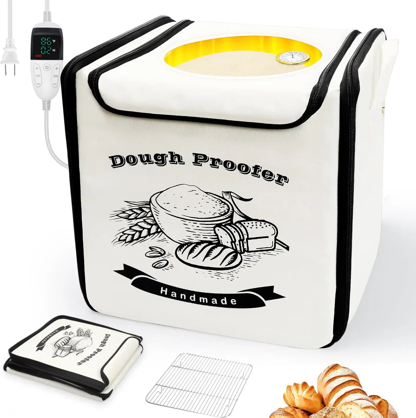 Homelove Folding Bread Proofing Box - Fabric Dough Proofer with 50-122℉ Temp Control & 8-Timer Options, Sourdough Starter Warmer with Humidity Meter & Metal Rack for Sourdough Pizza Yogurt Kombucha