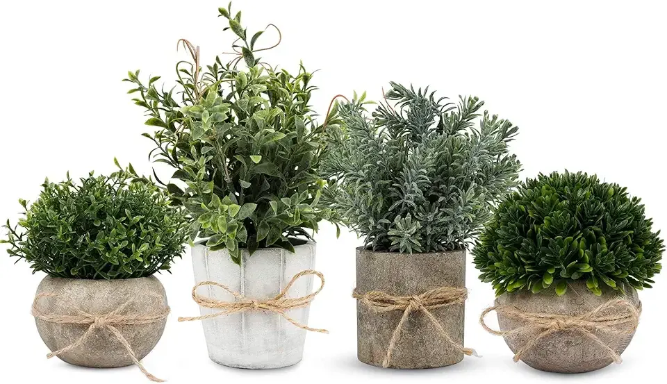 4 Pack Small Fake Plants, Artificial Plants Indoor for Home Decor, Small Faux Plants Indoor, Fake Plants in White Pot for Bathroom Bedroom Kitchen Office Farmhouse Room Shelf Decor