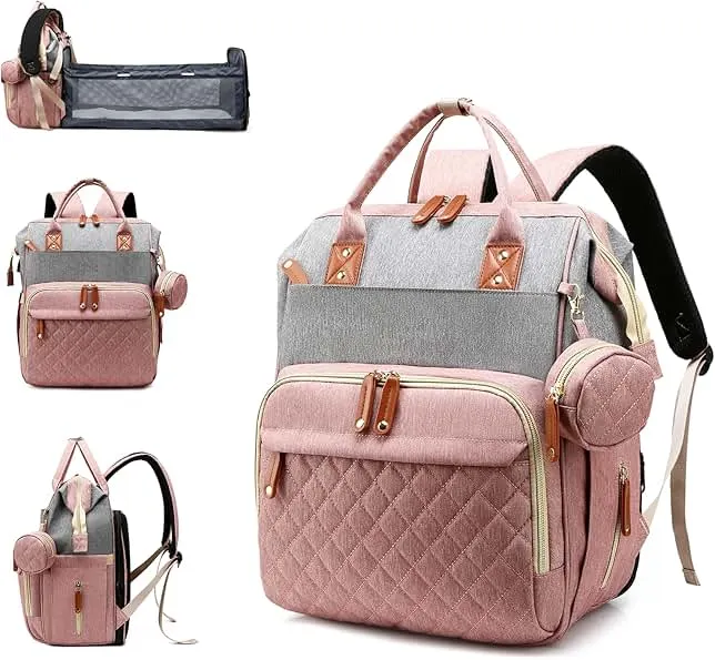 Lamroro Diaper Bag with Changing Station, Waterproof 3 in 1 Baby Diaper Backpack with Foldable Changing Pad, Pink-Grey