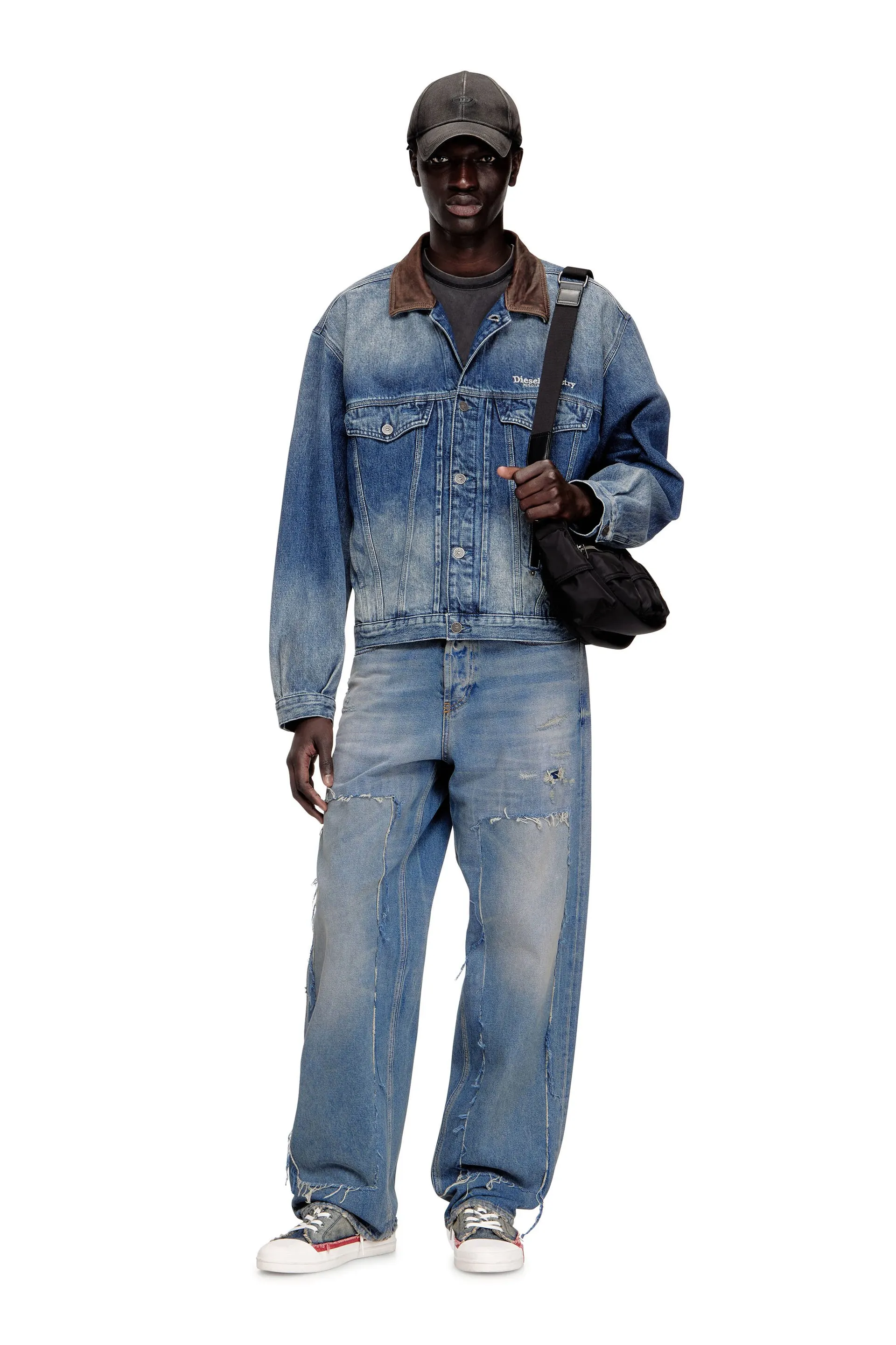Denim trucker jacket with contrast leather trims