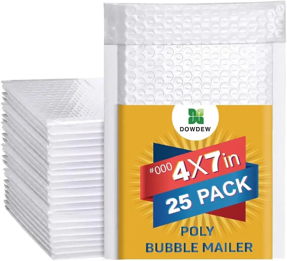 Water Resistant Bubble Envelope Mailers [25 Pack] 4 inch x 7 inch #000 White Poly Padded Shipping Envelopes Self Sealing Cushioned Packaging Bags