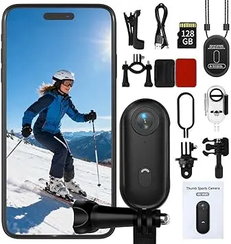 4K Thumb Action Camera | 128G Sports Camera for POV Photoshooting: Waterproof Sports Camera The Size of a Thumb Suitable for Running Cycling Swimming Hiking Adventure Etc (Black)