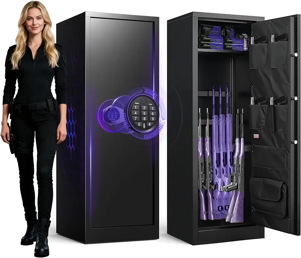 8-10 Gun Safe for Rifles and Pistols, Gun Cabinets for Rifles and Shotguns, Long Gun Safe for Home Rifle and Pistols with Dual Alarm & Mute Mode, Gun Cabinet with Quick Access and Gun Rack