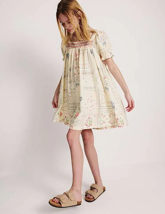 Pure Cotton Puff Sleeve Floral Mini Dress (6-16 Yrs)