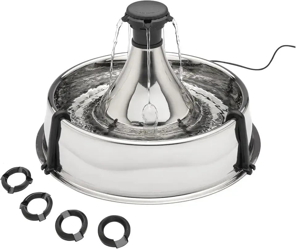 PetSafe Drinkwell Stainless Steel 360 Multiple Pet Fountain - Scratch and Rust Resistant Automatic Water Dispenser for Cats or Dogs - Adjustable Flow Control - 128 Ounce (3.8 Liter) - Filters Included