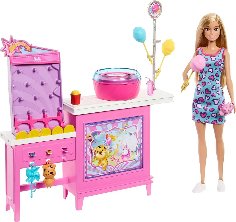 Mysteries: Beach Detectives Malibu” Doll & Cotton Candy Game Booth Playset with 20 Accessories Including Prizes