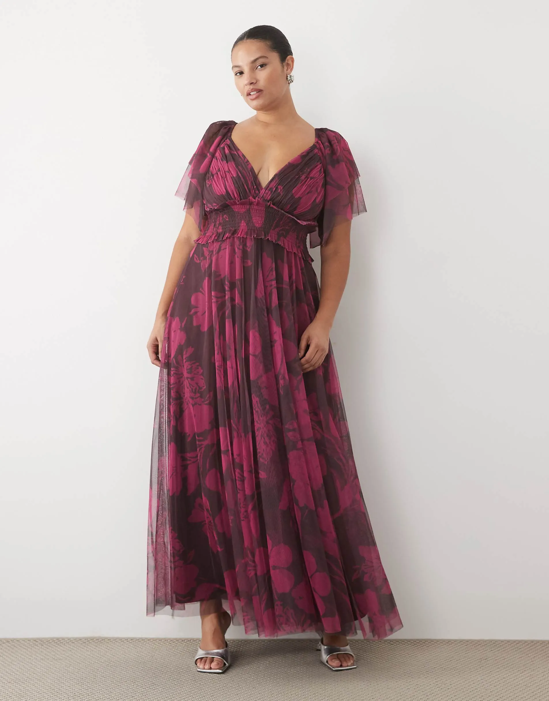 Lace & Beads Plus tulle plunge neck flutter sleeve maxi dress in purple floral