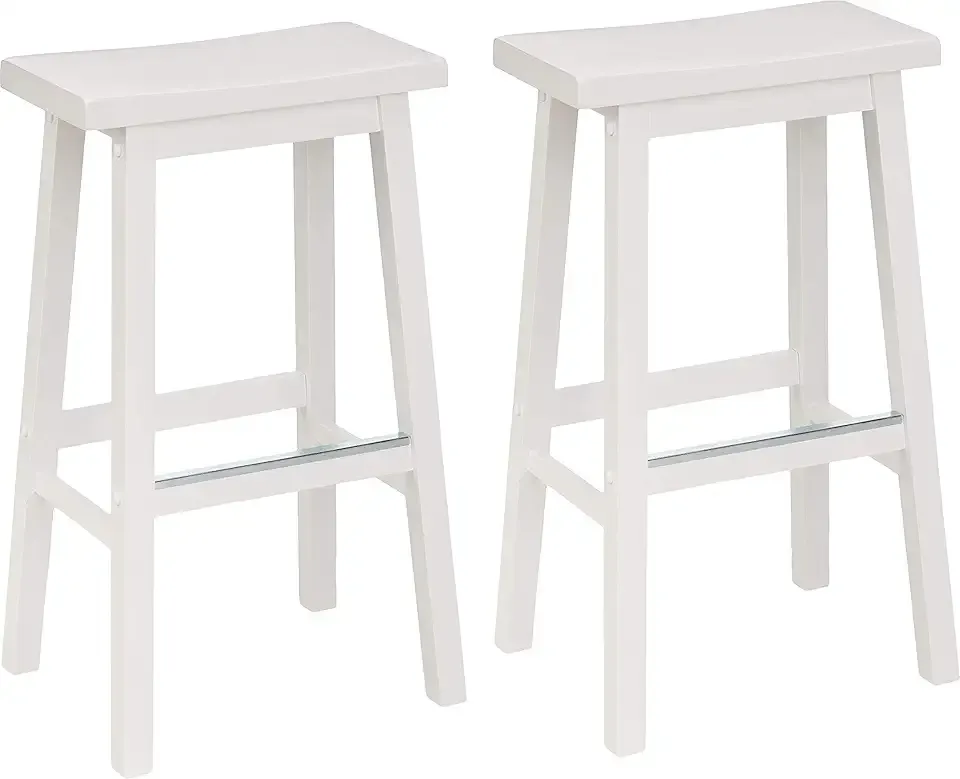 Amazon Basics Solid Wood Saddle-Seat Counter Height Bar Stools for Kitchen Island and Home Bar with Footrest, 29-Inch Height, White, Set of 2
