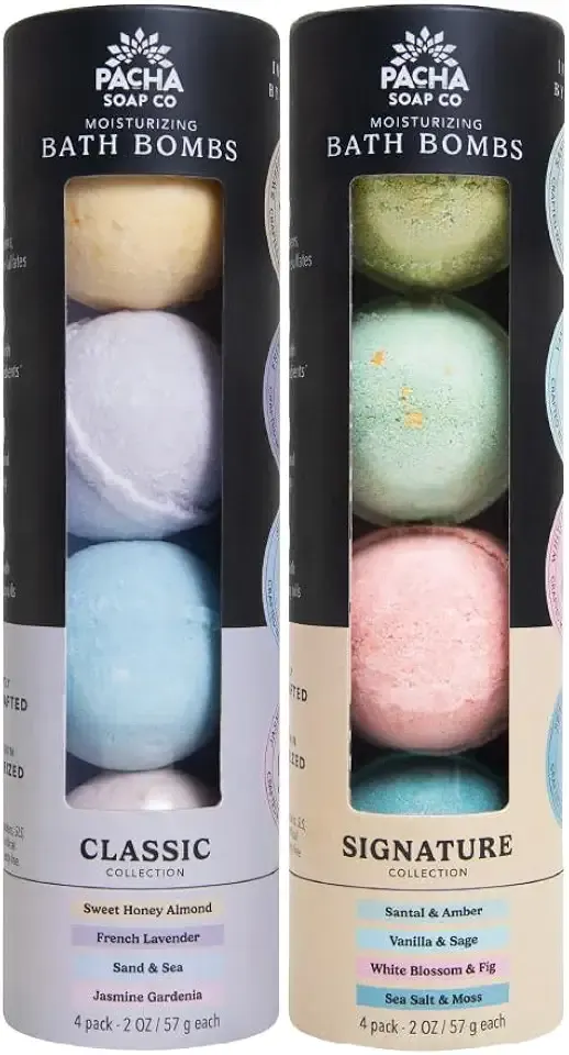Pacha Soap Co. Bath Bombs - Moisturizing and Relaxing Aromatherapy Bath Bomb Set with Jasmine, Lavender, Sage, Peppermint, Dye Free Fizzy Bath Bombs for Adults, Made in The USA, 2-Pack (8 Pcs)