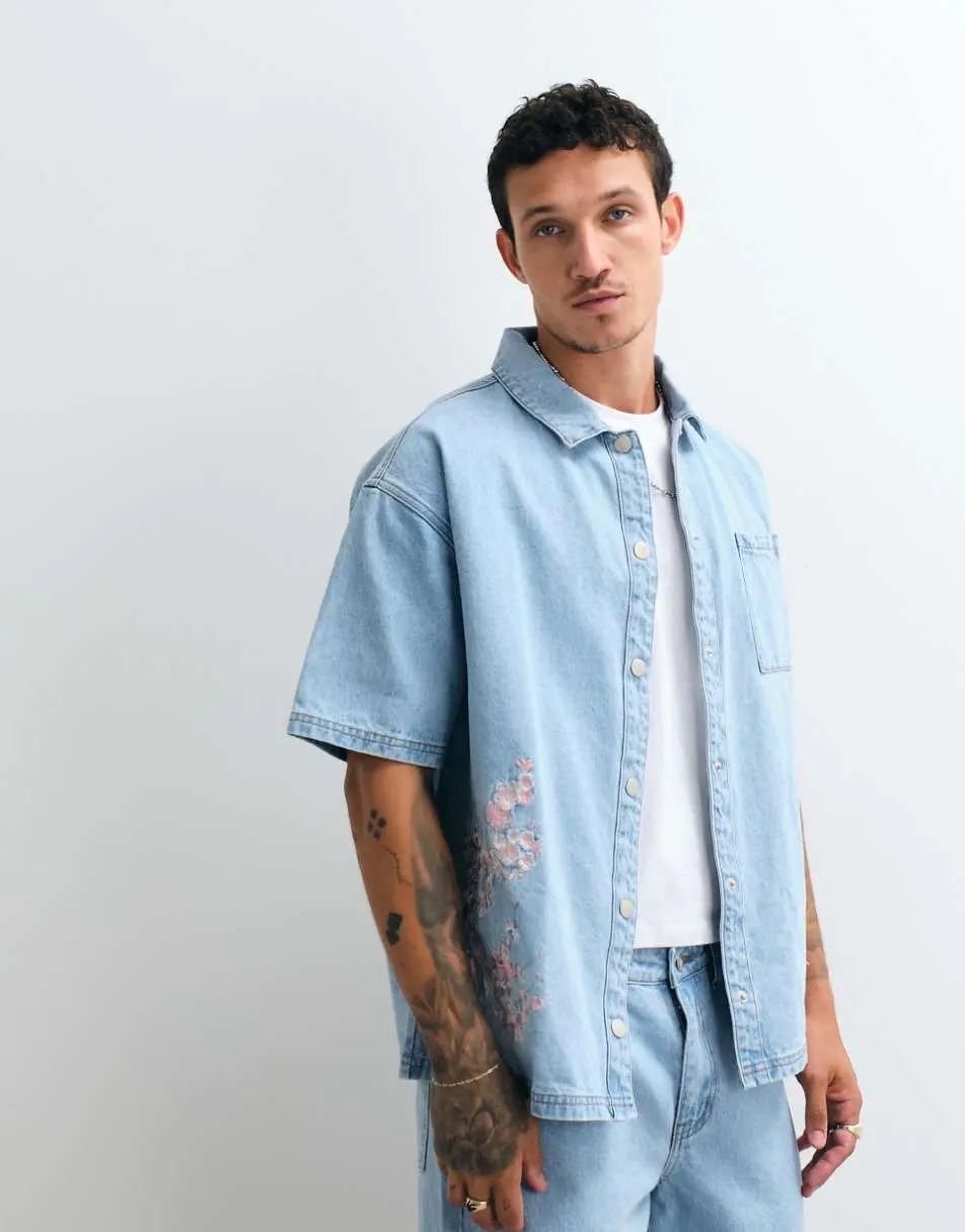 Liquor N Poker denim shirt co-ord with japanese blossom print embroidery in light wash blue
