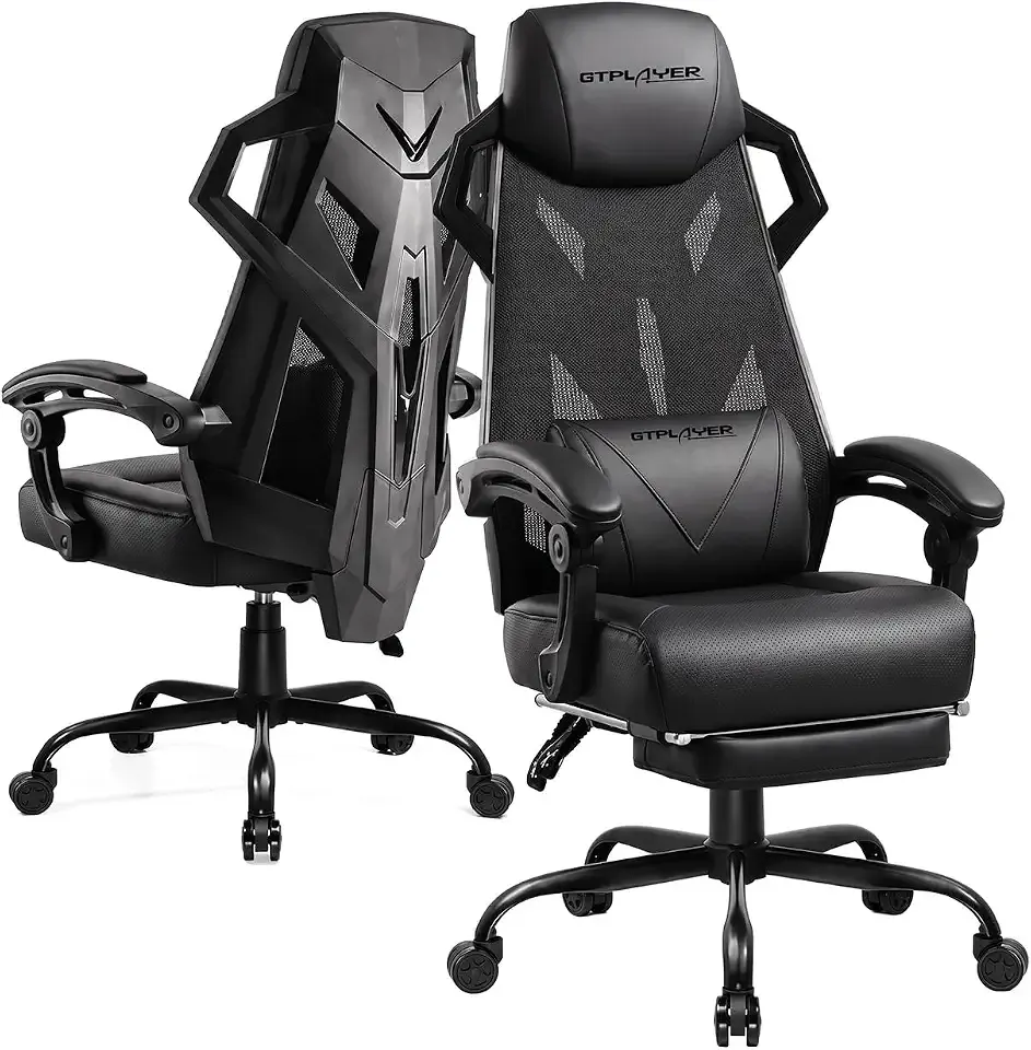 GTPLAYER Gaming Chair, Computer Chair with Mesh Back, Ergonomic Gaming Chair with Footrest, Reclining Gamer Chair with Adjustable Headrest and Lumbar Support for Gaming and Office (Black)