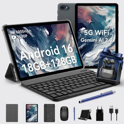 T80 mit Kopfhörer, Android 16 Tablet 10 Zoll, 6GB RAM + 128GB ROM, 5G WiFi, Gemini Al,6000mAh. Perfekt für Gaming mit Dual-Kamera, BT5.0, O1TG&Type-C.