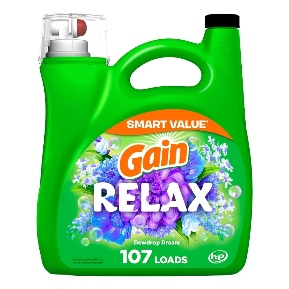Gain Liquid Laundry Detergent, Relax Dewdrop Dream Scent, 154 fl oz, 107 loads, Laundry Detergent Liquid Soap, Laundry Detergent Liquid Soap, HE compatible