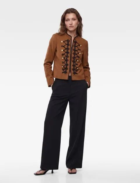 Koton Linen Blend Mandarin Collar Napoleon Jacket With Decorative Braided Trim