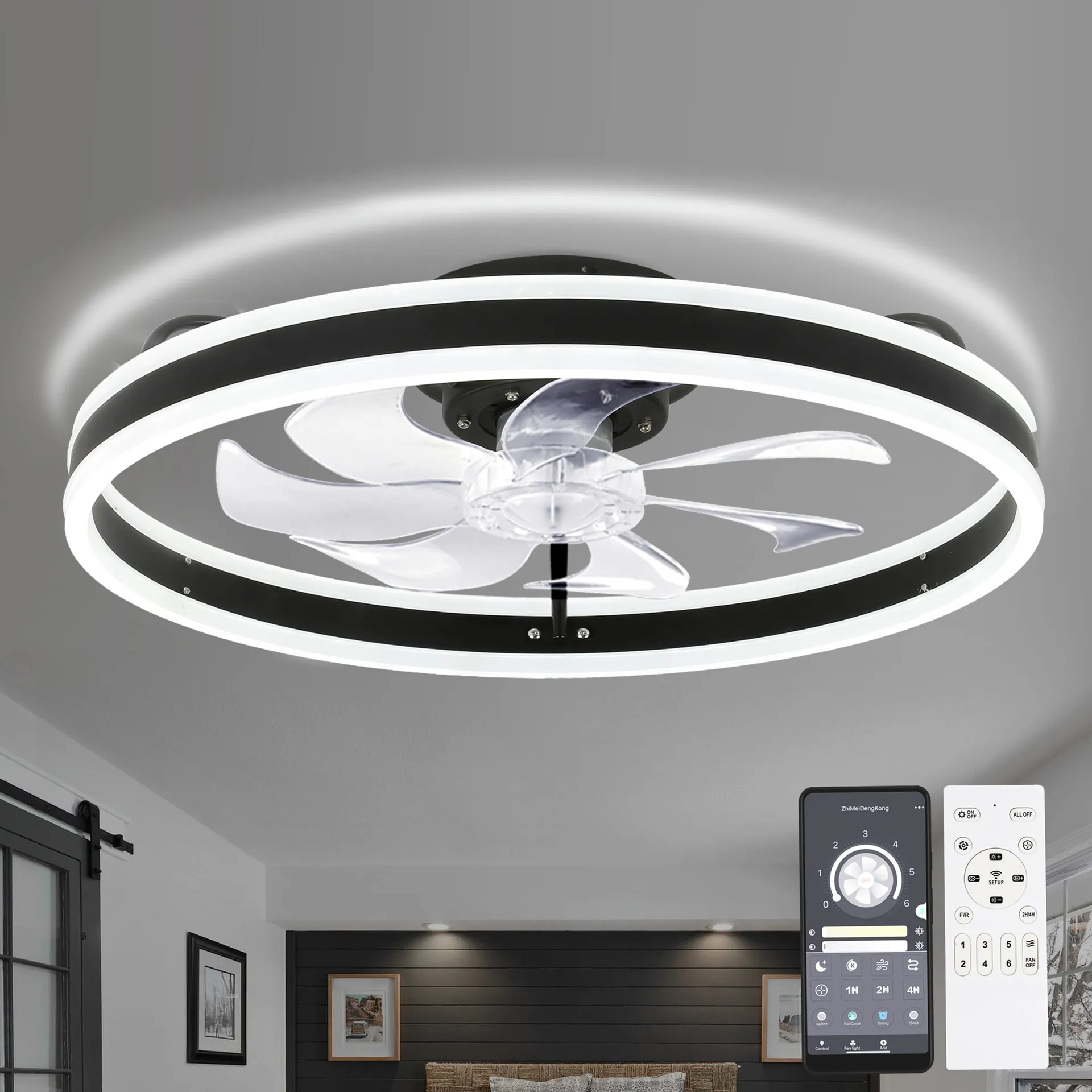 Oaks Decor Cotti 20-in Matte Black with Clear Blades LED Flush Mount Smart Fandelier Ceiling Fan With Light and Remote Control Included 7 -Blade