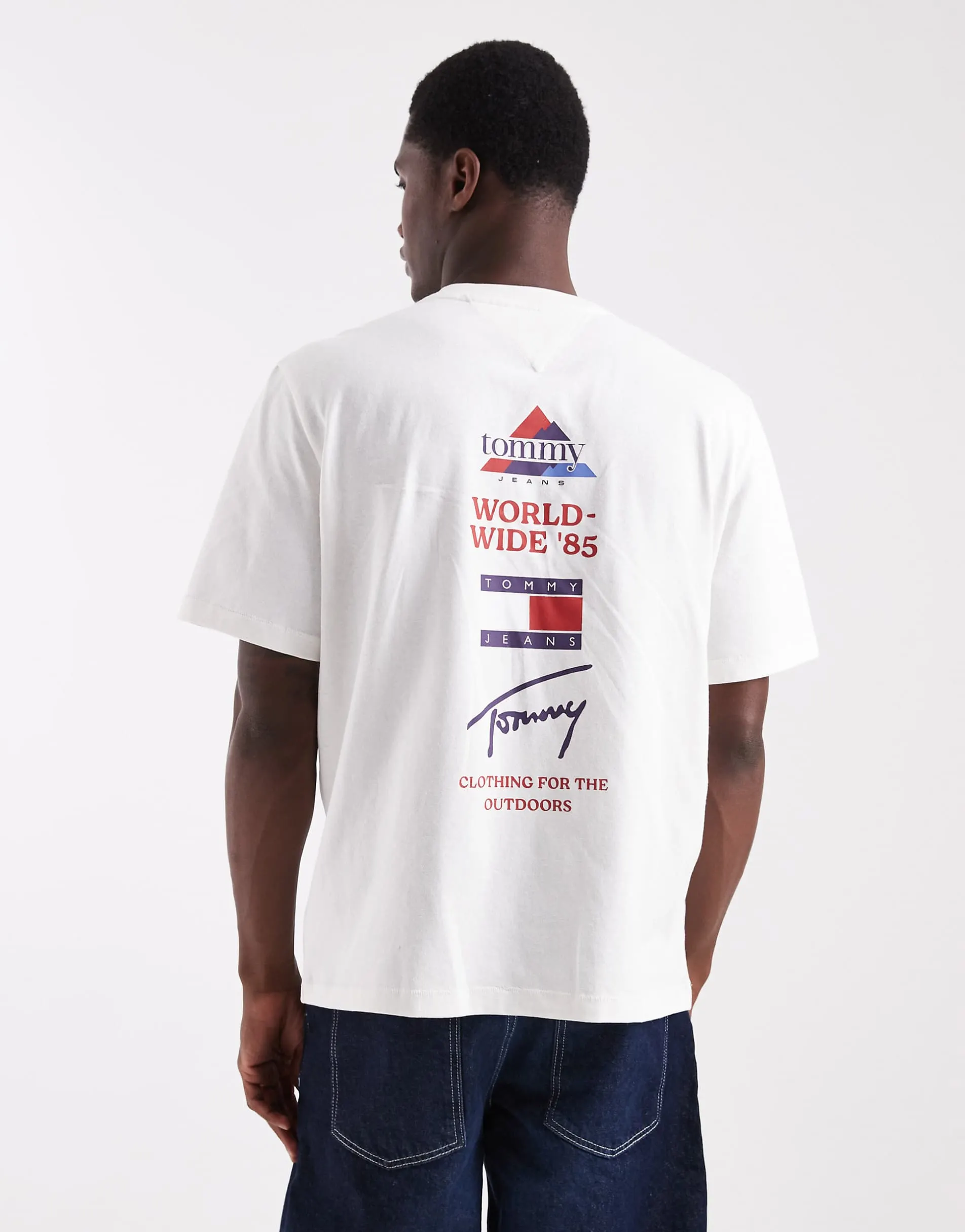 Tommy Jeans flag logo t-shirt with mountain peak back print in white