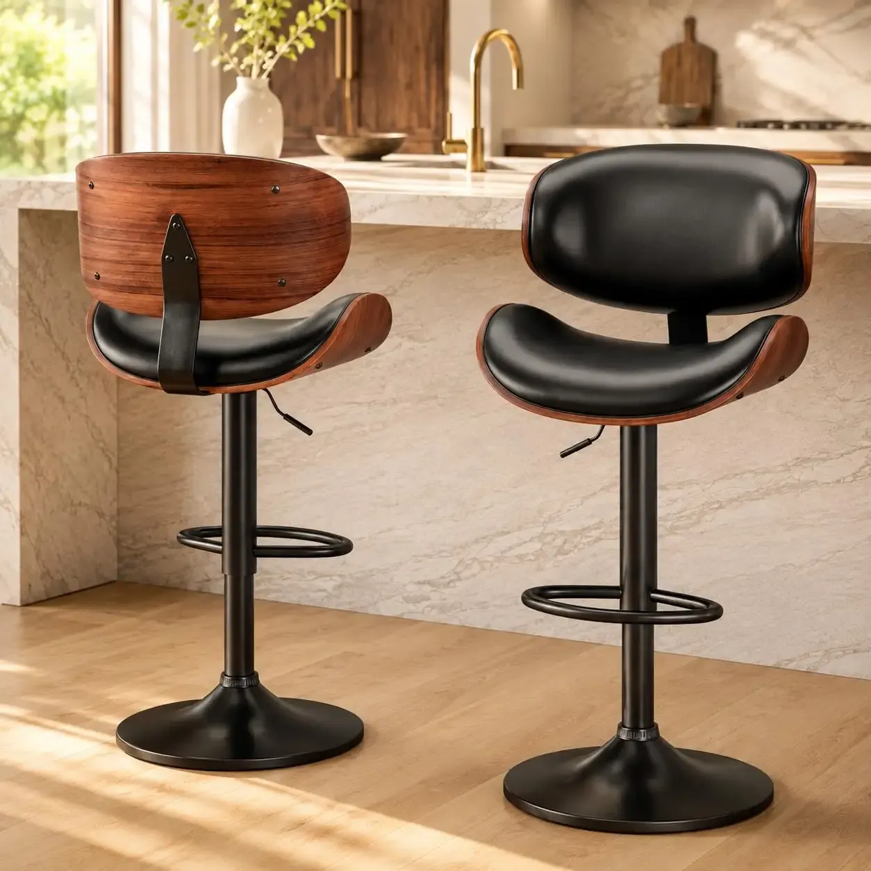 YaFiti Swivel Bar Stools Set of 2, Bar Stools for Kitchen Counter, Black | Modern PU Leather Upholstered Bar Chair with Back and Footrest, for Bar, Kitchen, Dining Room