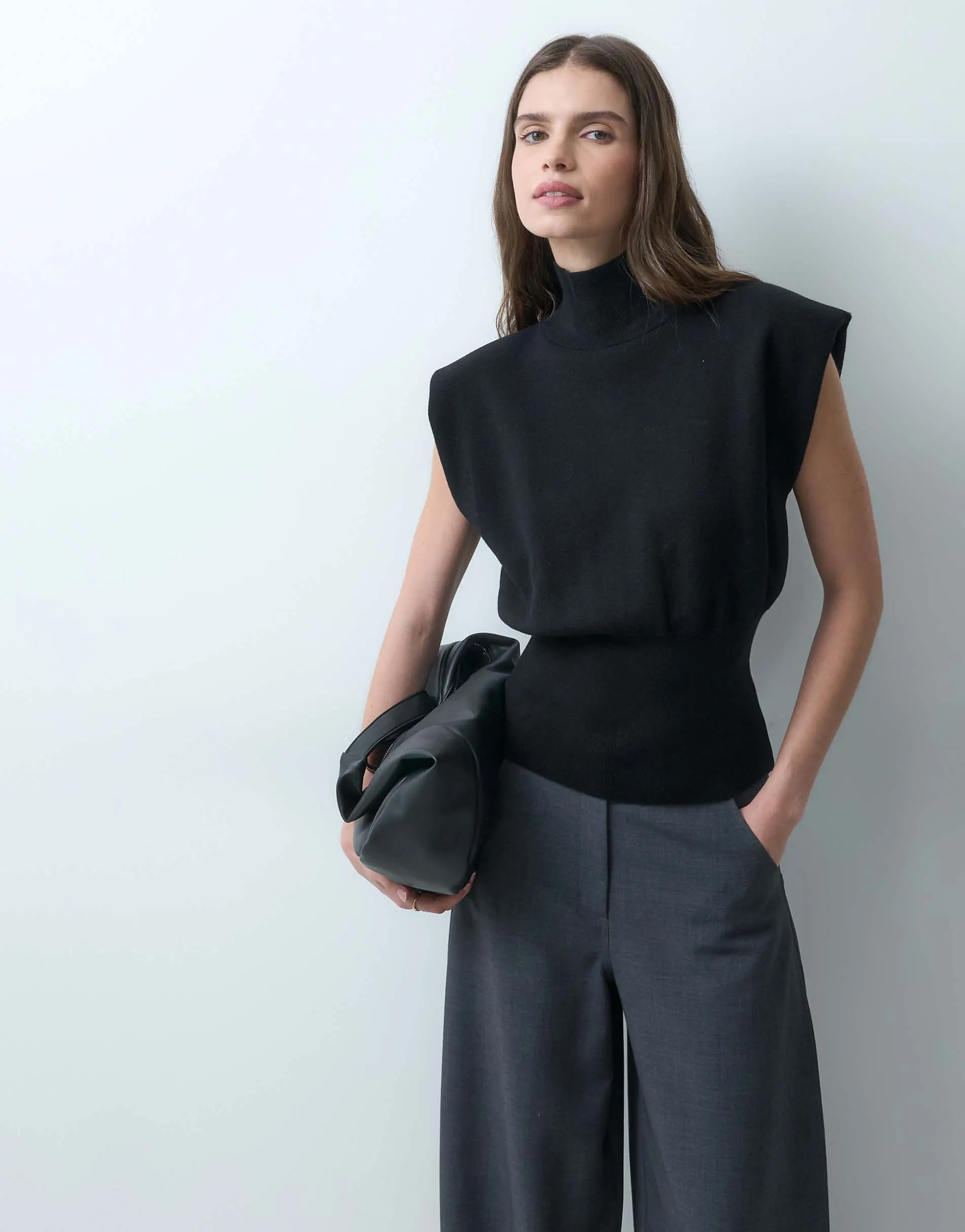 ASOS DESIGN knitted high neck tank with shoulder pads in black