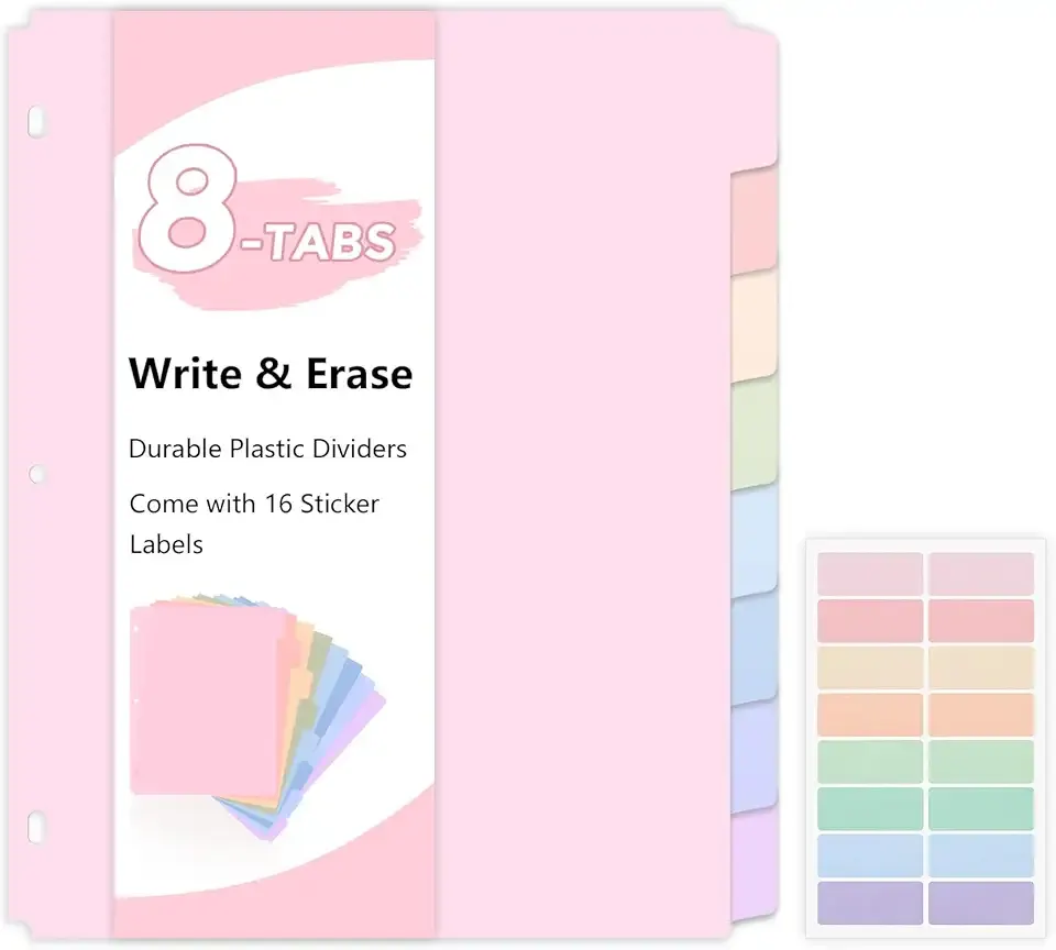SKYDUE 8 Tab Durable Plastic Dividers, Big Tab Dividers for 3 Ring Binder, Write & Erase 3 Ring Binder Dividers with Tabs, with Sticker Labels, 1 Set, Aesthetic Pastels Binder Dividers
