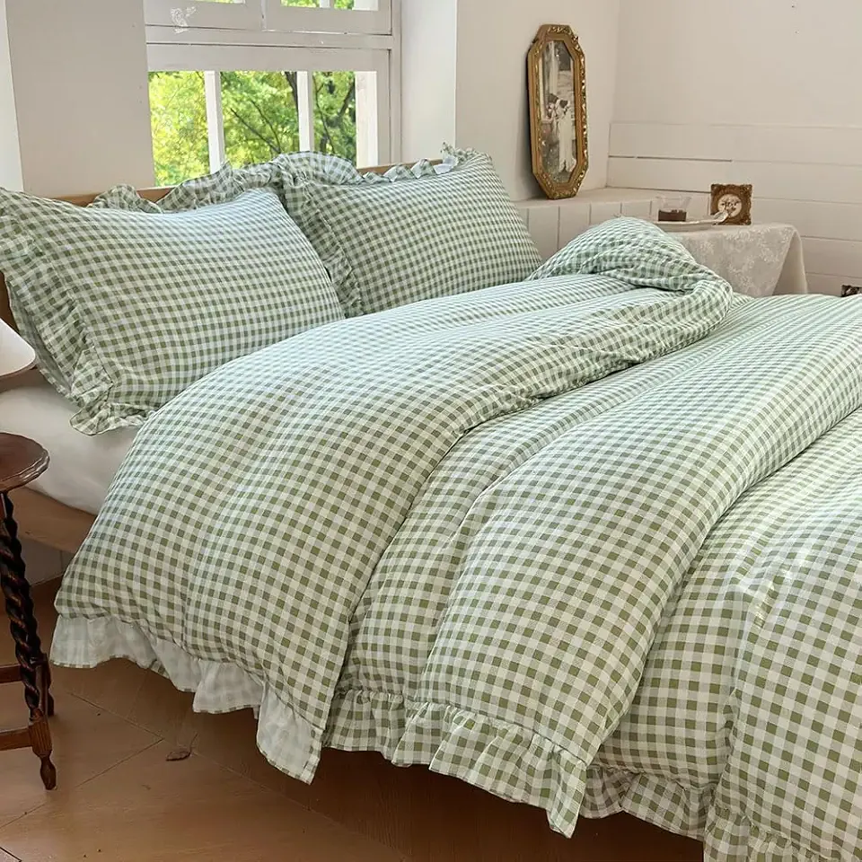 NSNLGSGC Sage Green Gingham Ruffle Duvet Cover Queen Size, 3 Pieces Soft Pre-Washed Microfiber Checked Plaid Comforter Cover Set, Vintage Farmhouse Bedding Set(Green Gingham, Queen 90"x90")